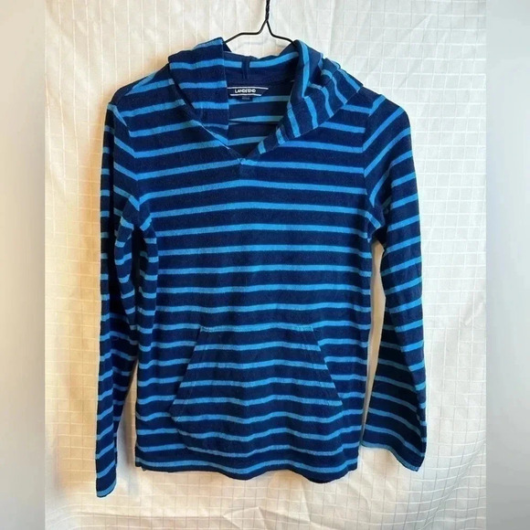 Lands End Striped Blue TerrySwim Shirt Boys M 10-12 Long Sleeve